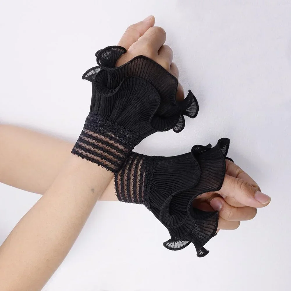 Women's Flared Sleeves Black Elastic Bracelet Wrist Cuffs Gloves Wedding Party